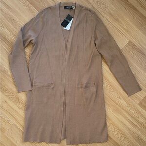 NWT Lauren Ralph Lauren Women's Tan Longline Coat Cardigan Ribbed Open Front XL